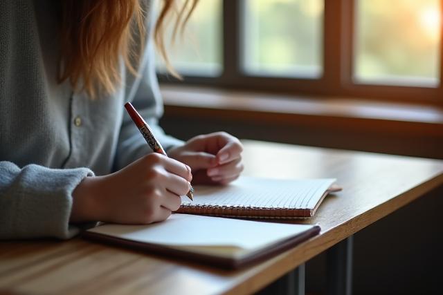 Une personne écrivant dans un cahier dans un environnement calme et inspirant
